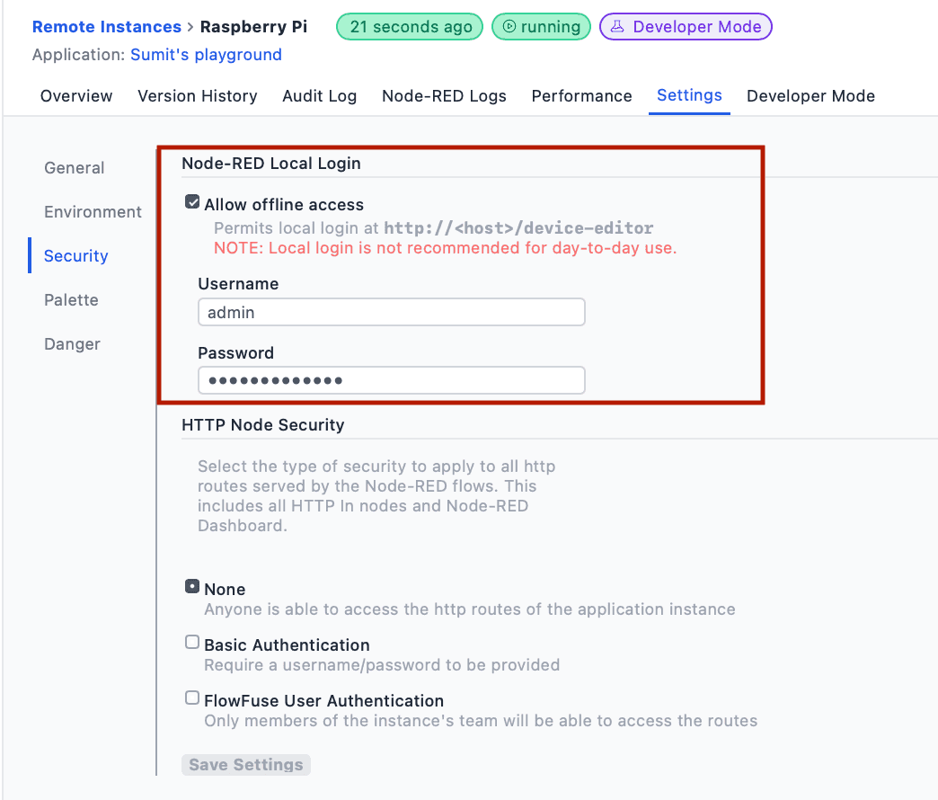 Instance security settings showing Allow Offline Access checkbox and authentication fields