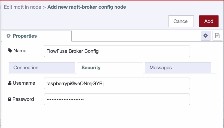 MQTT broker security tab in Node-RED showing username and password fields.